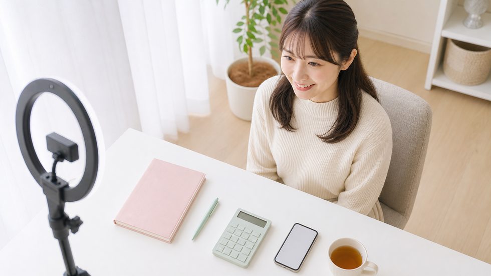 自宅でリングライトとウェブカメラを使って在宅稼働する主婦のデスク環境