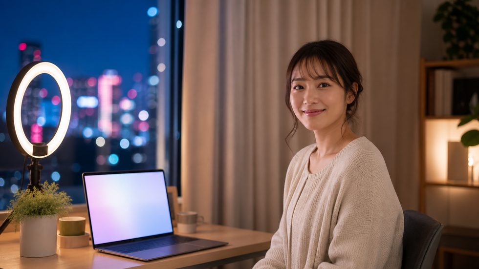 在宅チャットレディの配信デスク環境(リングライト・背景カーテン・ノートPC)
