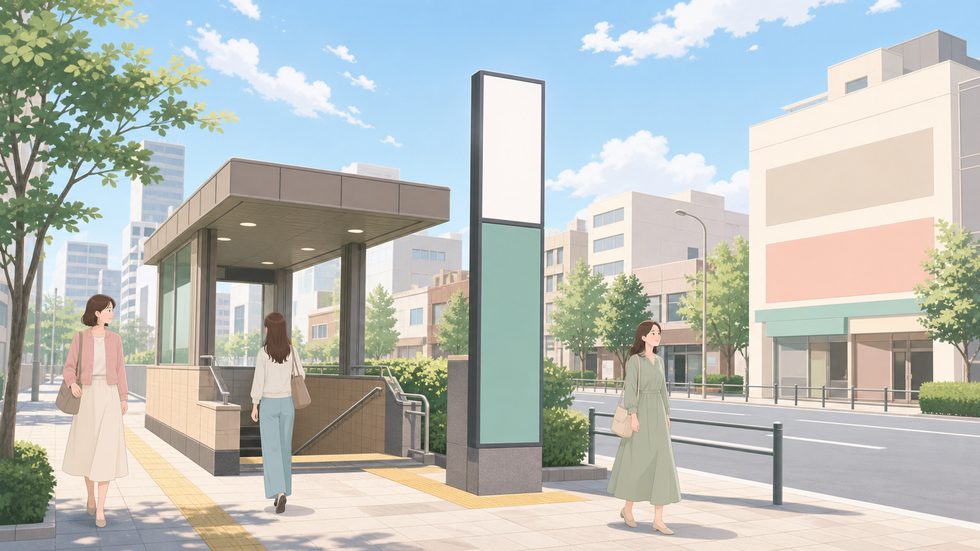 東新宿駅A2出口の案内表示と周辺の街並み(ミント新宿へ徒歩1分のアクセス)