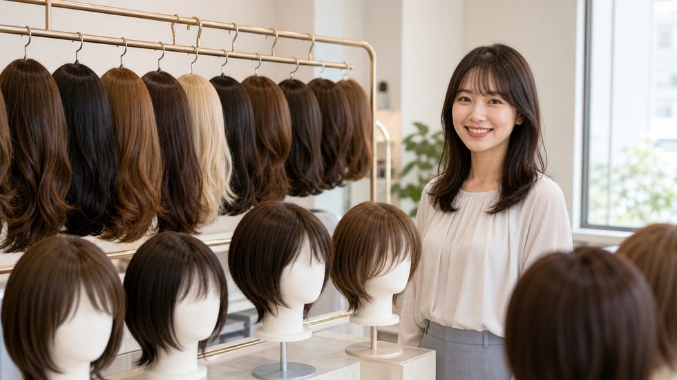 チャットレディスタジオの無料レンタルウィッグの棚(新宿・東新宿の事務所)