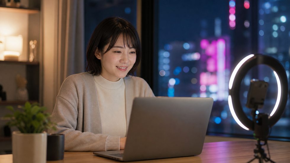 在宅チャットレディの配信環境セットアップ(デスク・リングライト・ノートPC)