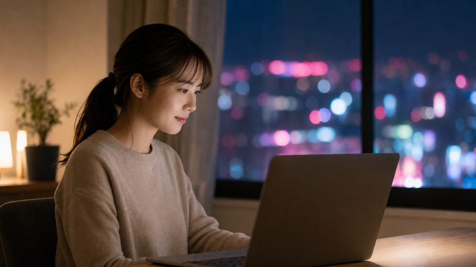 チャットレディがパソコン画面と向き合いながらオンラインチャット業務をしている様子