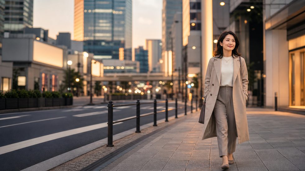 東京の街を歩く女性の後ろ姿(チャットレディの通勤イメージ・新宿エリア周辺)
