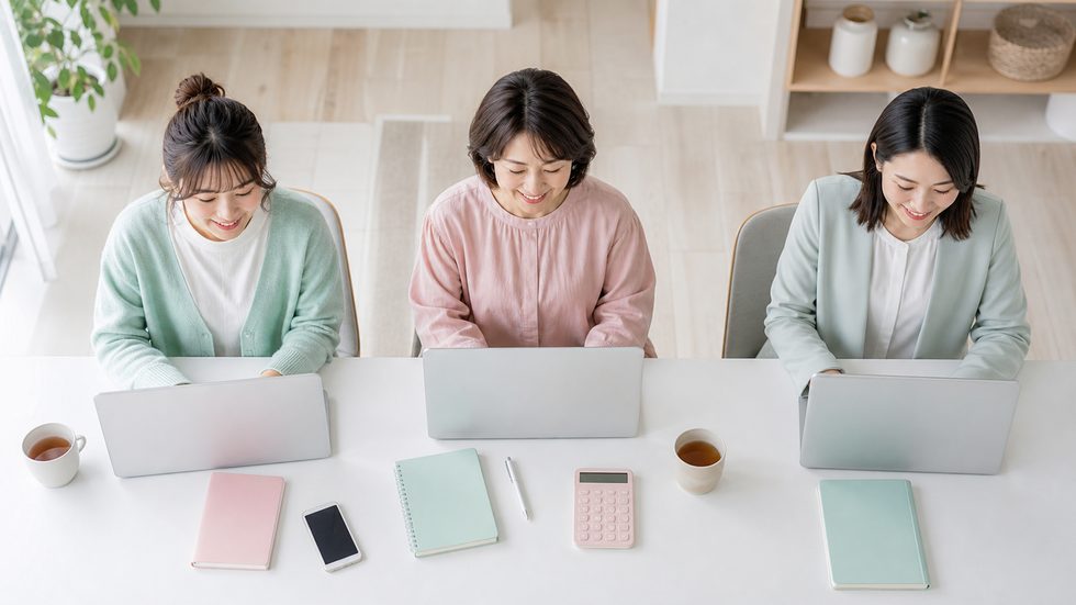 さまざまな年代の女性がノートパソコンで作業する様子(チャットレディとして働く多様な女性のイメージ)