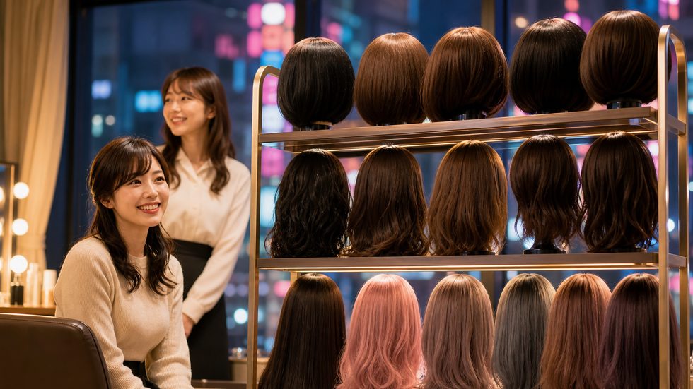 チャットレディ事務所の無料レンタルウィッグの棚(さまざまなスタイル)