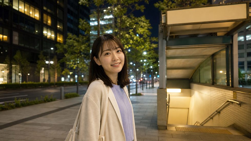 東新宿駅A2出口周辺の夜の街並み(副都心線・大江戸線の乗り換え駅)