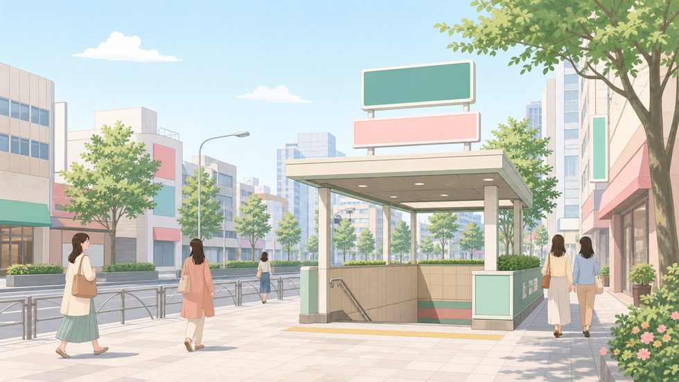 東新宿駅A2出口付近の街並み（副都心線・大江戸線沿線の通勤ルート）