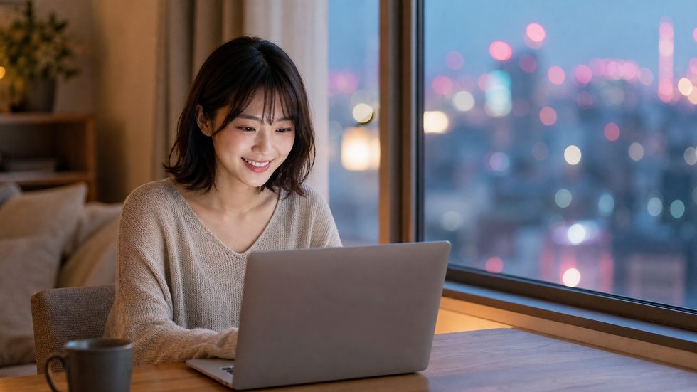 在宅チャットレディとして昼間に自宅でノートパソコンを使って稼働する女性のイメージ