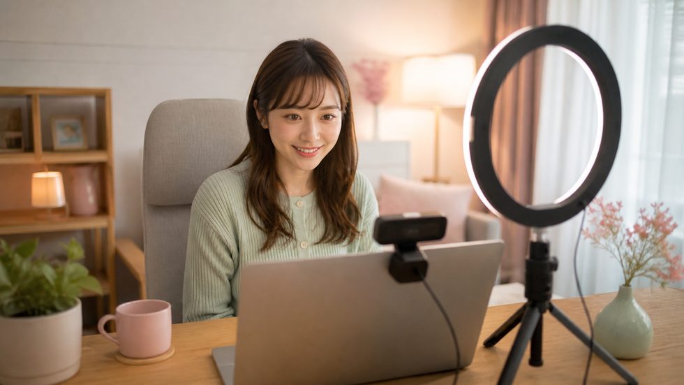 在宅でのライブ配信デスク環境（ノートパソコンとリングライトのセットアップ）