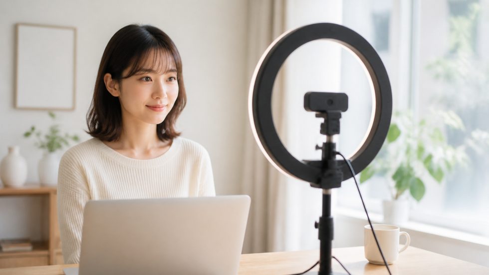 ライブ配信用リングライトとウェブカメラのセットアップ（チャットレディの配信機材）