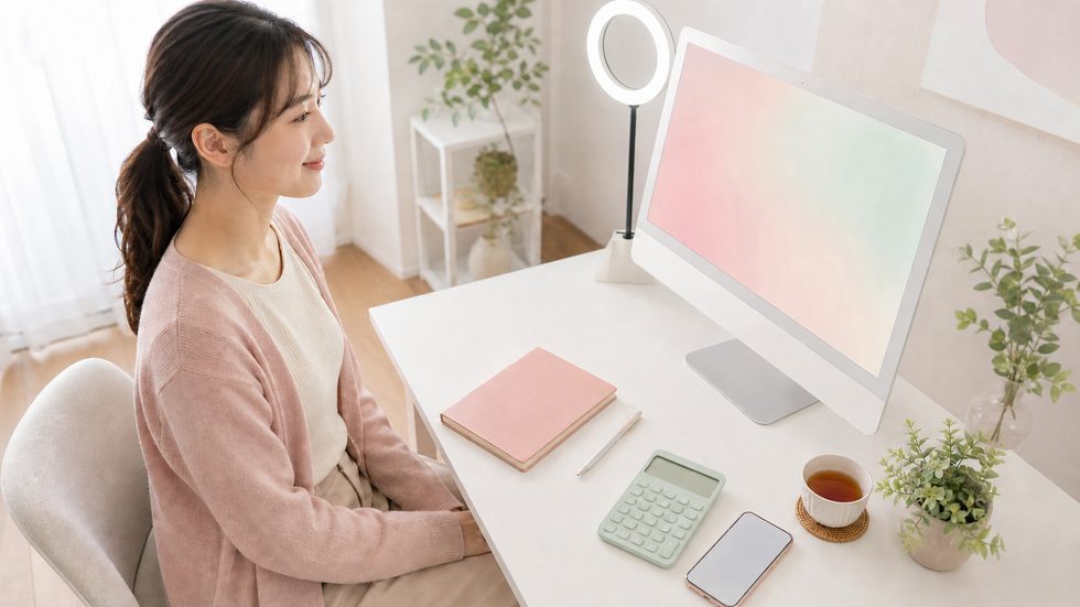 チャットレディが個室で配信する通勤稼働の様子のイメージ(リングライトとモニターを使った作業環境)