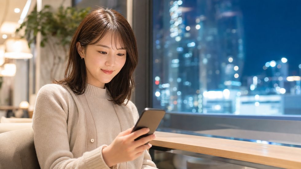 高収入バイトについてスマートフォンで情報収集する女性のイメージ(新宿・東新宿エリアでの検討シーン)