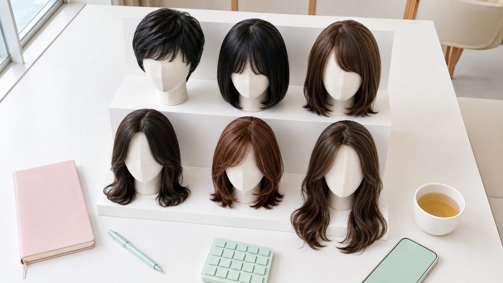ウィッグの棚とレンタル用のヘアアイテムが並ぶ様子