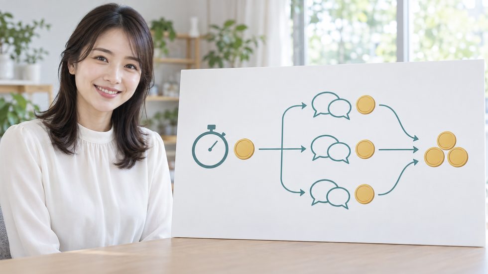 チャットレディの報酬の仕組み（分単位・同時会話で人数分増える図解）