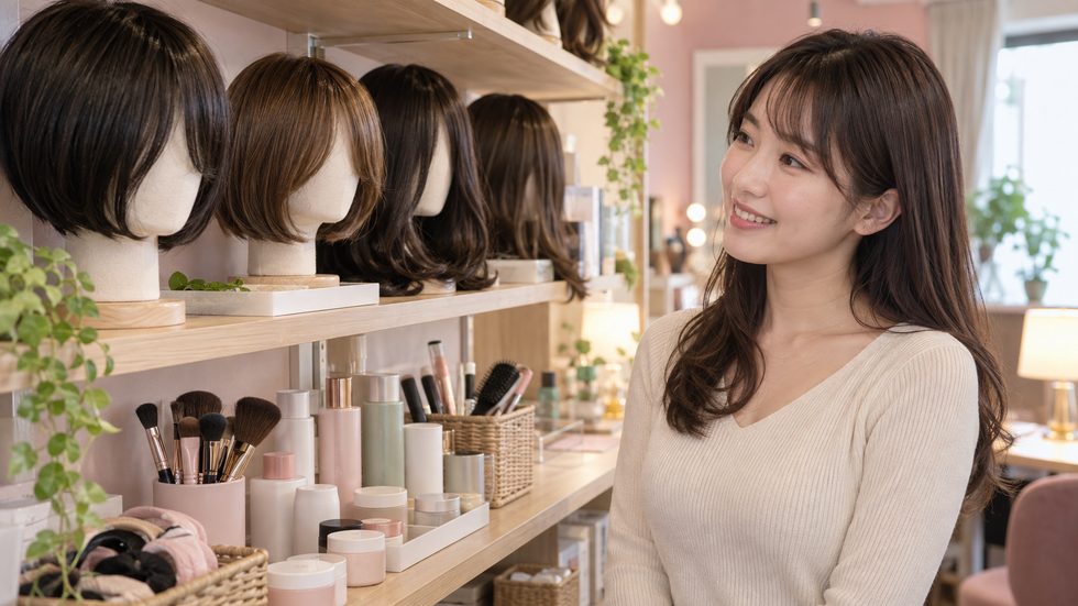 ウィッグの棚と美容小物(チャットレディ事務所の設備)