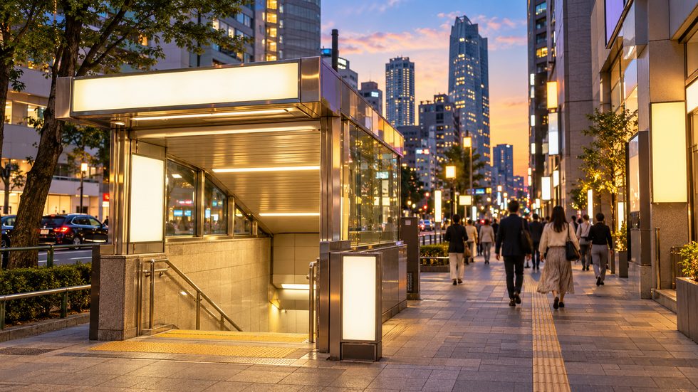東新宿駅A2出口の外観(夕方の都市風景)