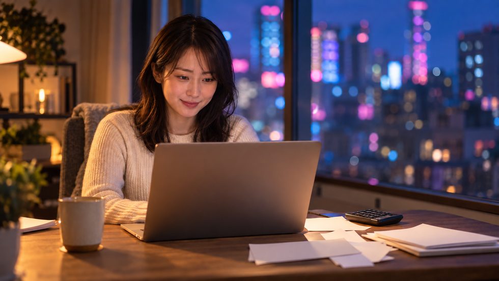 確定申告の準備をするイメージ(書類とパソコン)