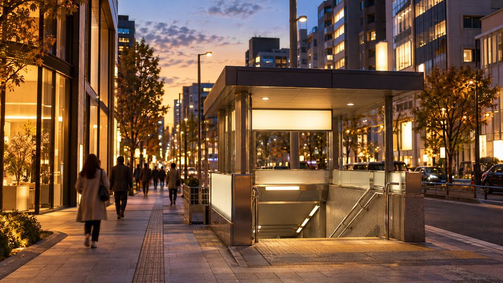東新宿駅A2出口付近の夕方の風景（東京）
