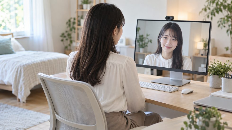 モニターで配信中のチャットレディの後ろ姿