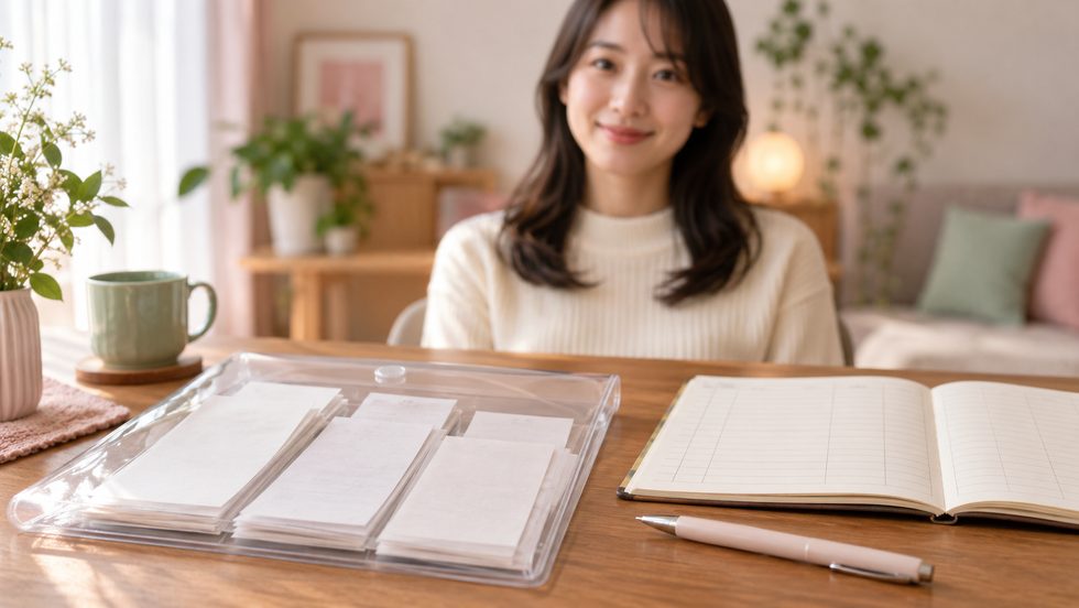 領収書と帳簿ノートを整理して保管するイメージ
