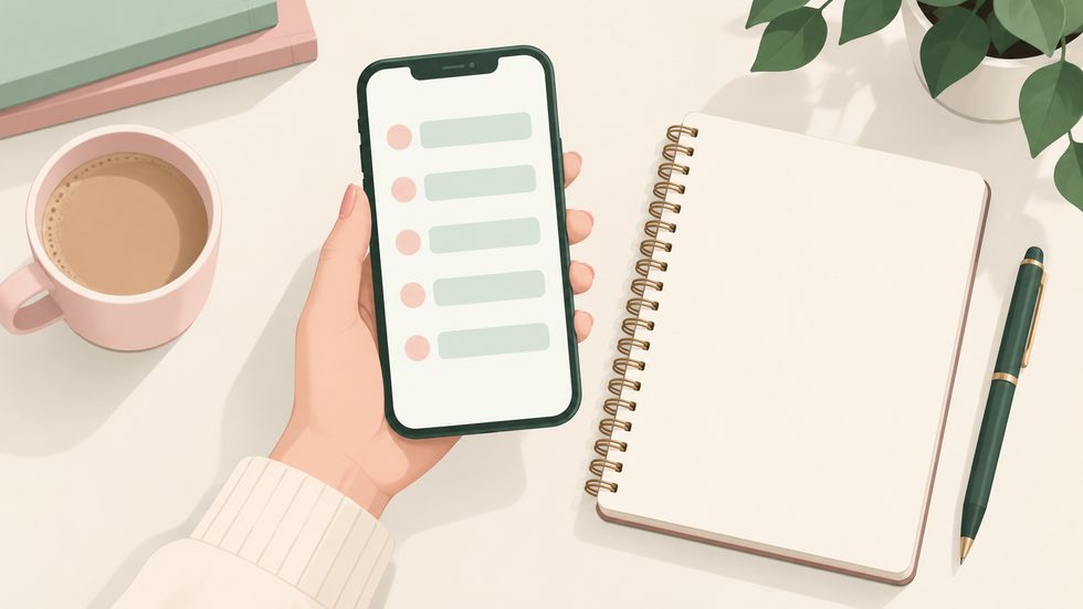 サイトの規約ページを確認しているスマホ画面と手帳の手元