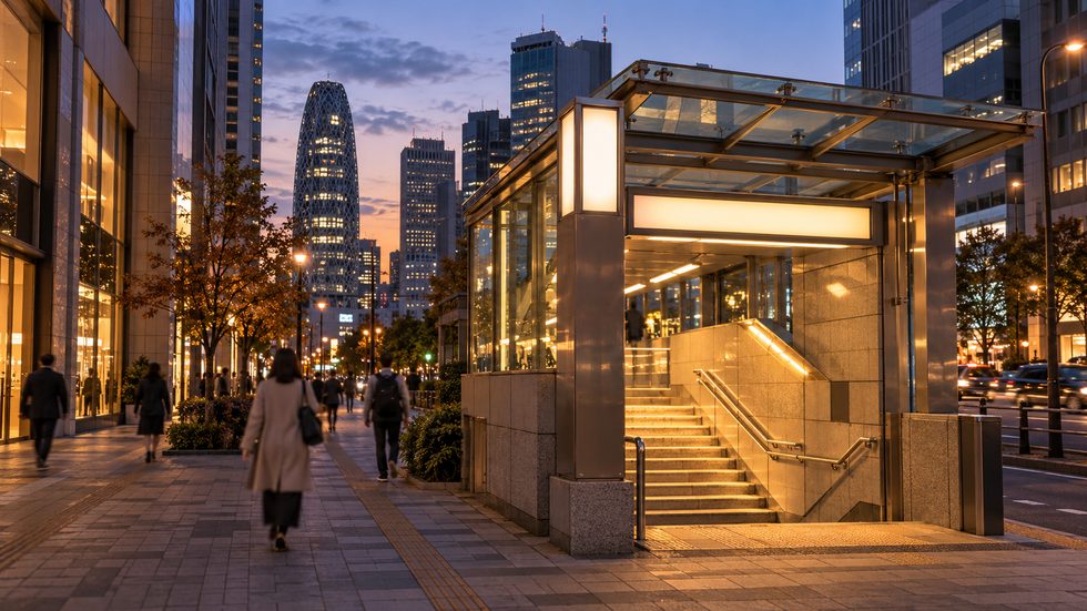 東新宿駅の出口付近を夕方に歩く通勤風景