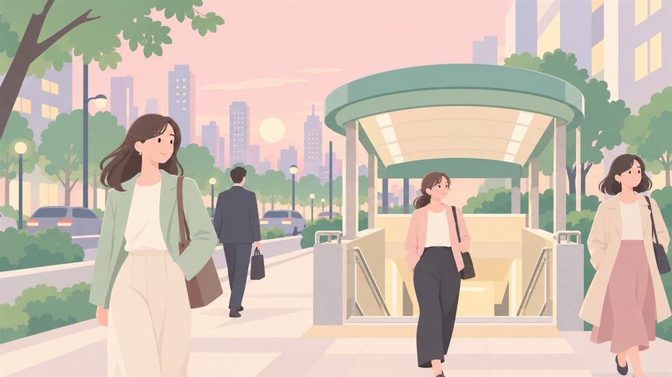 東新宿駅の出口から事務所へ向かう夕方の通勤風景